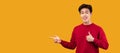 Happy asian guy pointing fingers at copy space, panorama Royalty Free Stock Photo