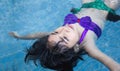 Asian kid big smile to playing swim in water pool Royalty Free Stock Photo