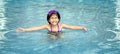 Happy asian kid big smile to playing swim in water pool at summer Royalty Free Stock Photo