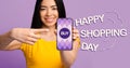 Happy Asian lady pointing at cellphone screen with open internet store app, choosing to buy goods online, collage Royalty Free Stock Photo