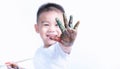 Happy asian little baby childhood show he hand and have colorfull on hand