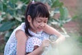 Happy asian little child girl looking through a magnifying glass on green leaf tree in the park Royalty Free Stock Photo