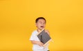 Happy Asian Little Children Boy drawing and pencil with small blackboard enjoy engineer future occupation Royalty Free Stock Photo