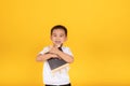 Happy Asian Little Children Boy drawing and pencil with small blackboard enjoy engineer future occupation Royalty Free Stock Photo