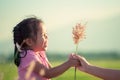 Happy asian little girl giving grass flower to her mother Royalty Free Stock Photo