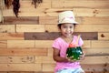 Happy asian little girl is holding watermelon blended juice Royalty Free Stock Photo