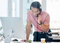 Happy asian man, call center and headphones by computer for consulting, customer service or support at office desk Royalty Free Stock Photo