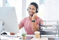 Happy asian man, call center and headphones by computer for consulting, customer service or support at office desk Royalty Free Stock Photo