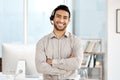 Happy asian man, call center and portrait with headphones in customer service or telemarketing at office. Confident Royalty Free Stock Photo