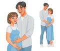 Happy Asian man holding belly of his pregnant wife. Vector illustration. Royalty Free Stock Photo