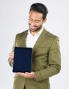 Happy asian man, tablet mockup and screen in advertising against a white studio background. Businessman smile with Royalty Free Stock Photo