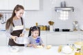 Happy Asian mother teaching her young daughter to bread baking in white modern kitchen while sieving wheat flour for mixing
