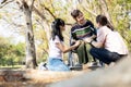 Happy asian old people wait for family,daughter,granddaughter visited her senior grandmother at nursing home,adult woman,teen girl Royalty Free Stock Photo