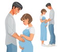 Happy Asian pregnant couple expecting a baby. Vector illustration.