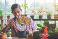 Happy retirement senior is planting tree and flower pot for hobby in his grasshouse Royalty Free Stock Photo