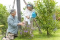 Happy and funny asian senior couple is enjoy life with health care for plants trees at outdoor garden after retirement lifestyle Royalty Free Stock Photo