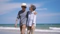 Senior man and woman couple holding hands walking from the beach sunny Royalty Free Stock Photo