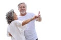 Smaile and Happy asian senior retired couple, relax smiling elder man and woman enjoying with retired vacation on white background Royalty Free Stock Photo