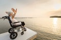Happy asian senior woman enjoy her freedom open arms,elderly people with hands rise up,relax on travel holiday vacation in nature Royalty Free Stock Photo