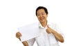 Happy Asian senior woman holding white blank sign on isolate background Royalty Free Stock Photo