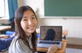 Happy asian Student girl  using  laptop in classroom Royalty Free Stock Photo