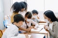 Happy Asian teacher and her students wearing protective face mask at the elementary school after covid-19 quarantine and lockdown Royalty Free Stock Photo