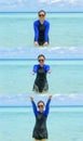 Happy asian teen girl play splashing water in the sea Royalty Free Stock Photo
