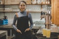 Happy asian waitress service woman or bartender with apron near counter smiling and looking at camera while standing near the bar Royalty Free Stock Photo