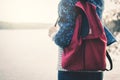 Happy Asian woman backpacker relaxing on holiday Royalty Free Stock Photo