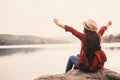 Happy Asian woman backpacker relaxing on holiday travel concept Royalty Free Stock Photo