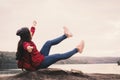 Happy Asian woman backpacker relaxing on holiday travel concept Royalty Free Stock Photo