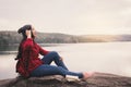 Happy Asian woman backpacker relaxing on holiday travel concept Royalty Free Stock Photo