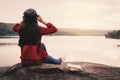 Happy Asian woman backpacker relaxing on holiday travel concept Royalty Free Stock Photo