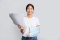 Happy Asian woman broken arm and leg holding bill payment. Personal accident and insurance concept Royalty Free Stock Photo