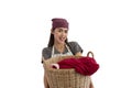 Young Asian woman carrying laundry cloth basket isolated on white background Royalty Free Stock Photo