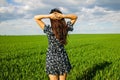 Happy Asian Woman Dancing In Green Field. Royalty Free Stock Photo