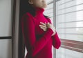 Happy asian woman enjoying and freedom join hands,Female rise hands up enjoy on heart Royalty Free Stock Photo