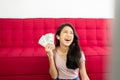 Happy asian woman hands holding US dollar bills,Rich people Royalty Free Stock Photo