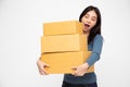 Asian woman holding package parcel box, Delivery courier and shipment service concept Royalty Free Stock Photo