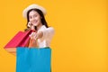 Happy asian woman holding shoppingbag with mid year sale Royalty Free Stock Photo