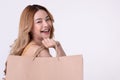 Happy asian woman holding shoppingbag with mid year sale Royalty Free Stock Photo