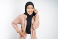 happy asian woman making a call using a cell phone Royalty Free Stock Photo