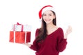 Happy asian woman with smile holding gift box of xmas and credit card Royalty Free Stock Photo