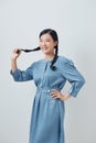 A happy asian woman is very satisfied with her appearance Royalty Free Stock Photo