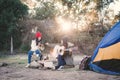 Happy Asian women playing guitar in nature winter season Royalty Free Stock Photo