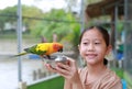 Happy Asian young girl kid holding Aluminium bowl feeding macaw bird animal in zoo