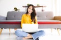 Happy asian young girl teenager student watch webinar online course Royalty Free Stock Photo