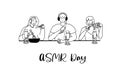 Happy ASMR day Group of people making ASMR sounds. Blogger make video or audio webcast for social media. Blogger eating online nea