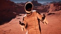 Happy astronaut explorer on the red planet Mars point hand gesture. Astronaut Martian colonizes and explores Mars. The