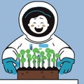 Happy astronaut growing microgreens plants Horticulture design vector graphics